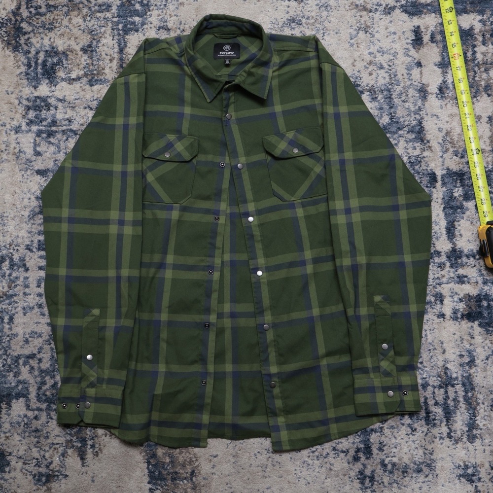Flylow Shirt Mens XL Green Plaid Handlebar Tech Flannel Pearl Snap Long Sleeve
